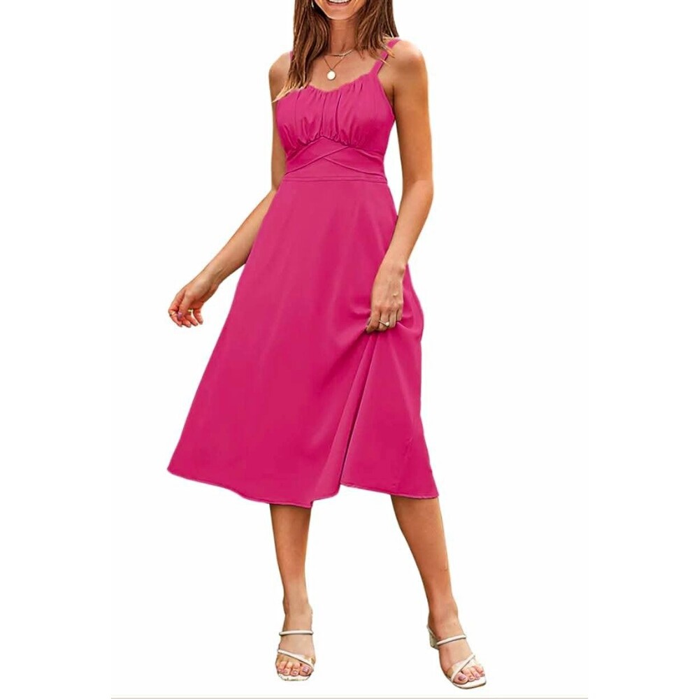 MEROKEETY Pink Solid Sweetheart Spaghetti Strap A-Line Midi Dress Pockets S